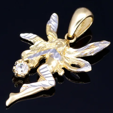 Fantasievoll designter Fee- / Engel- Anhänger aus glänzendem, hochwertigem 14k / 585 Gold (Bicolor - Weißgold und Gelbgold) besetzt mit einem Zirkonia