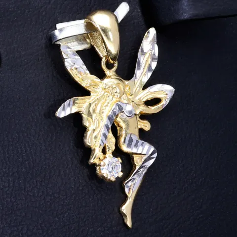 Fantasievoll designter Fee- / Engel- Anhänger aus glänzendem, hochwertigem 14k / 585 Gold (Bicolor - Weißgold und Gelbgold) besetzt mit einem Zirkonia