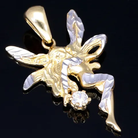 Fantasievoll designter Fee- / Engel- Anhänger aus glänzendem, hochwertigem 14k / 585 Gold (Bicolor - Weißgold und Gelbgold) besetzt mit einem Zirkonia