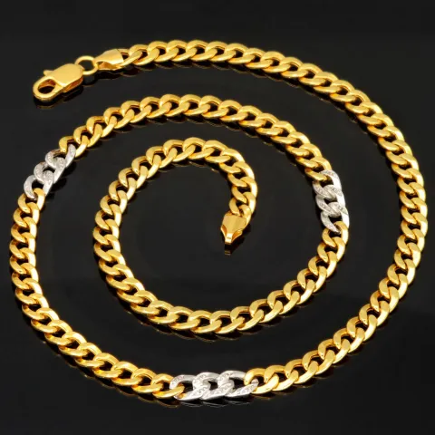 Außergewöhnliche Panzerkette aus edlem 8K, 333 Bicolor Gold (Gelbgold und Weißgold) mit feinem Zirkoniabesatz in ca. 43cm und 5mm, ca. 9,4g