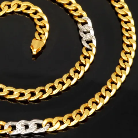 Außergewöhnliche Panzerkette aus edlem 8K, 333 Bicolor Gold (Gelbgold und Weißgold) mit feinem Zirkoniabesatz in ca. 43cm und 5mm, ca. 9,4g