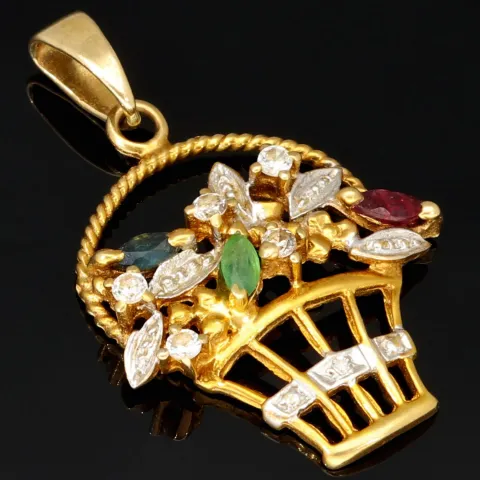 Blumentopf-Anhänger aus 333er 8k Bicolor Gold (Gelb- und Weißgold) mit detailreichem Dekor und in feinster Präzision Zirkonia besetzt
