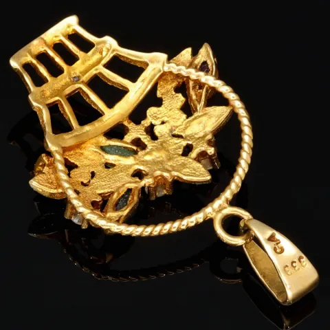 Blumentopf-Anhänger aus 333er 8k Bicolor Gold (Gelb- und Weißgold) mit detailreichem Dekor und in feinster Präzision Zirkonia besetzt