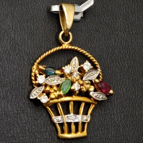 Blumentopf-Anhänger aus 333er 8k Bicolor Gold (Gelb- und Weißgold) mit detailreichem Dekor und in feinster Präzision Zirkonia besetzt