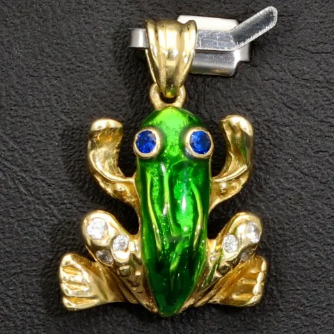 Stylischer Frosch-Anhänger aus funkelndem 9K 375 Gelbgold mit Zirkoniasteinen besetzt