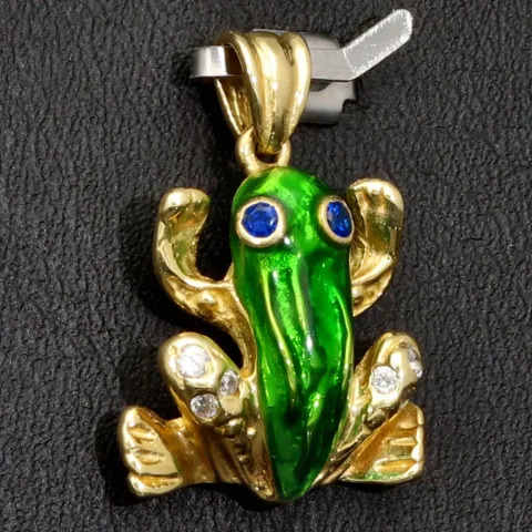 Stylischer Frosch-Anhänger aus funkelndem 9K 375 Gelbgold mit Zirkoniasteinen besetzt