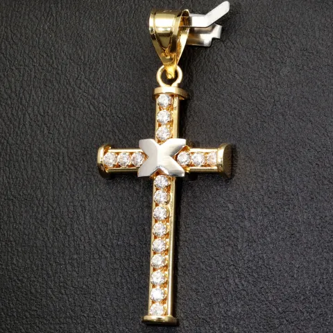 Exquisiter Kreuz-Anhänger in außergewöhnlichem Bicolor-Design aus hochwertigem Gold (14k / 585 Gelbgold und Weißgold) mit Zirkoniabesatz