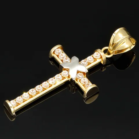 Exquisiter Kreuz-Anhänger in außergewöhnlichem Bicolor-Design aus hochwertigem Gold (14k / 585 Gelbgold und Weißgold) mit Zirkoniabesatz