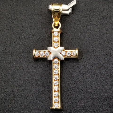 Exquisiter Kreuz-Anhänger in außergewöhnlichem Bicolor-Design aus hochwertigem Gold (14k / 585 Gelbgold und Weißgold) mit Zirkoniabesatz