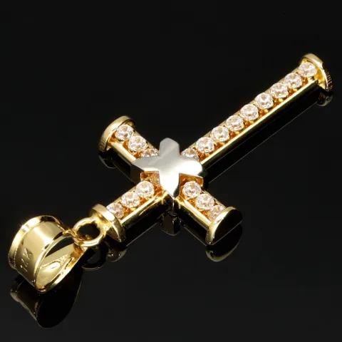 Exquisiter Kreuz-Anhänger in außergewöhnlichem Bicolor-Design aus hochwertigem Gold (14k / 585 Gelbgold und Weißgold) mit Zirkoniabesatz