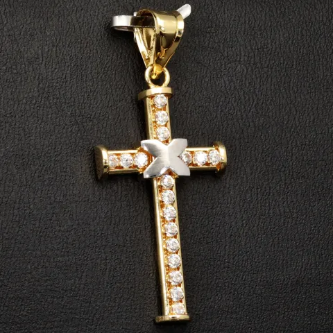 Exquisiter Kreuz-Anhänger in außergewöhnlichem Bicolor-Design aus hochwertigem Gold (14k / 585 Gelbgold und Weißgold) mit Zirkoniabesatz