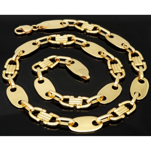 Exklusiver Mix aus Plattenkette / Plättchenkette und Steigbügelkette aus funkelndem 585er 14 Karat Gold (Gelbgold) (ca. 65cm, in eindrucksvoller Breite von von 14mm)