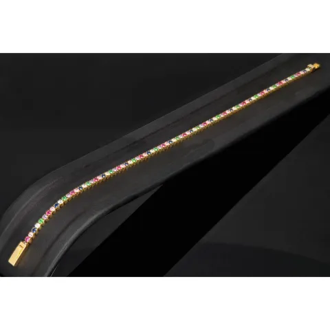 Edles Tennisarmband aus hochwertigem 585 14K Gold mit feinem verschiedenfarbigen Zirkoniabesatz (ca. 18,5 cm Länge)