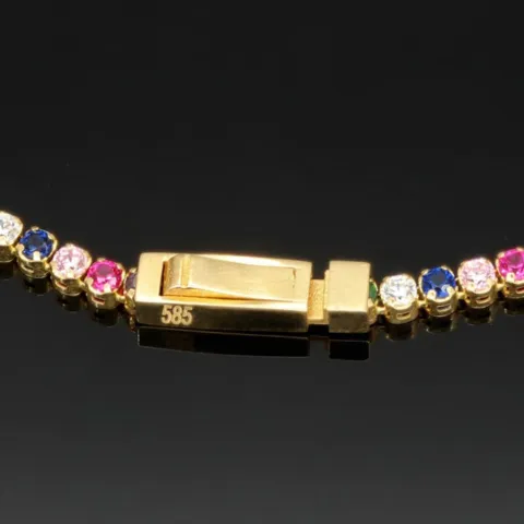 Edles Tennisarmband aus hochwertigem 585 14K Gold mit feinem verschiedenfarbigen Zirkoniabesatz (ca. 18,5 cm Länge)