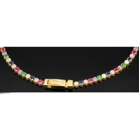 Edles Tennisarmband aus hochwertigem 585 14K Gold mit feinem verschiedenfarbigen Zirkoniabesatz (ca. 18,5 cm Länge)