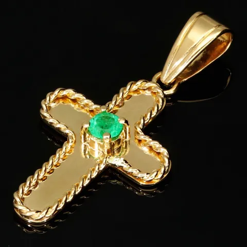Handgefertigter Kreuz-Anhänger mit eingefassten, leuchtend grünen Smaragd im Rundschliff (ca. 0,2 ct.) aus hochwertigem Gold (750 18K Gelbgold)