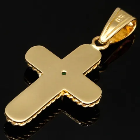 Handgefertigter Kreuz-Anhänger mit eingefassten, leuchtend grünen Smaragd im Rundschliff (ca. 0,2 ct.) aus hochwertigem Gold (750 18K Gelbgold)