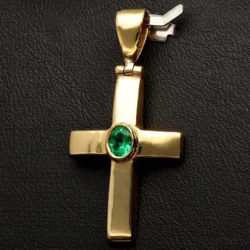 Smaragdkreuz - Anhänger aus exquisitem 18K 750 Gold mit einem eingefassten, hell leuchtenden, grasgrünen Smaragd im Ovalschliff (ca. 0,27 ct.)