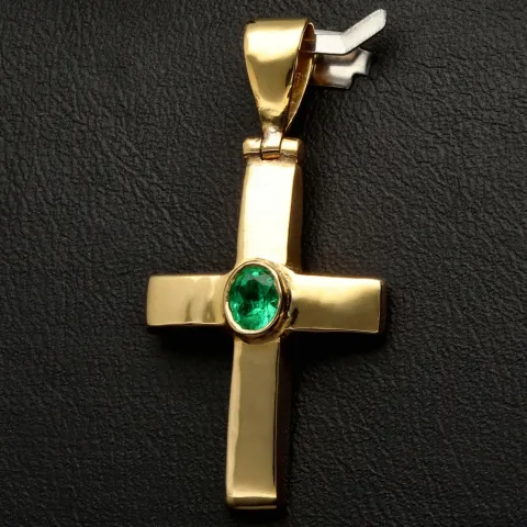 Smaragdkreuz - Anhänger aus exquisitem 18K 750 Gold mit einem eingefassten, hell leuchtenden, grasgrünen Smaragd im Ovalschliff (ca. 0,27 ct.)