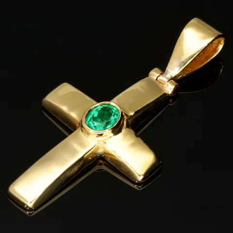 Smaragdkreuz - Anhänger aus exquisitem 18K 750 Gold mit einem eingefassten, hell leuchtenden, grasgrünen Smaragd im Ovalschliff (ca. 0,27 ct.)