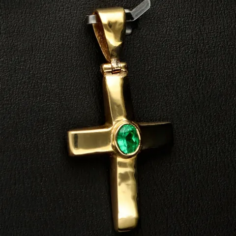 Smaragdkreuz - Anhänger aus exquisitem 18K 750 Gold mit einem eingefassten, hell leuchtenden, grasgrünen Smaragd im Ovalschliff (ca. 0,27 ct.)
