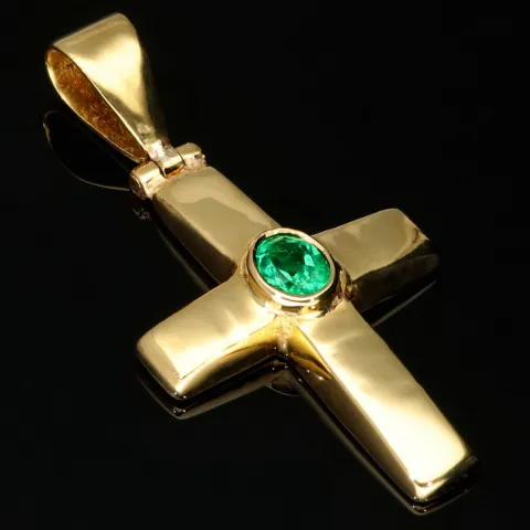 Smaragdkreuz - Anhänger aus exquisitem 18K 750 Gold mit einem eingefassten, hell leuchtenden, grasgrünen Smaragd im Ovalschliff (ca. 0,27 ct.)