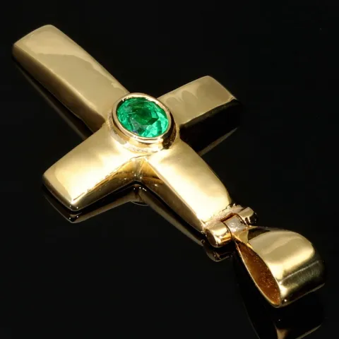 Smaragdkreuz - Anhänger aus exquisitem 18K 750 Gold mit einem eingefassten, hell leuchtenden, grasgrünen Smaragd im Ovalschliff (ca. 0,27 ct.)
