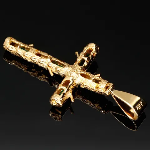 Exklusiver handgefertigter Kreuzanhänger aus 750er (18 Karat) Gold im kunstvollen Baumast-Optik mit sechs edlen Smaragden von ca. 1,3 ct. Gesamtgewicht