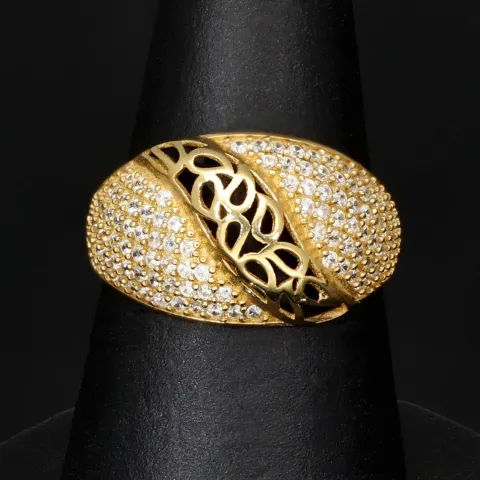 Kunstvoll designter Ring für Damen aus hochwertigem Gold (14K 585 Gelbgold) besetzt mit vielen fein gefassten, funkelnden Zirkonia RG ca. 55