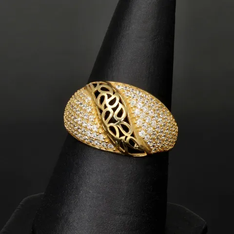 Kunstvoll designter Ring für Damen aus hochwertigem Gold (14K 585 Gelbgold) besetzt mit vielen fein gefassten, funkelnden Zirkonia RG ca. 55