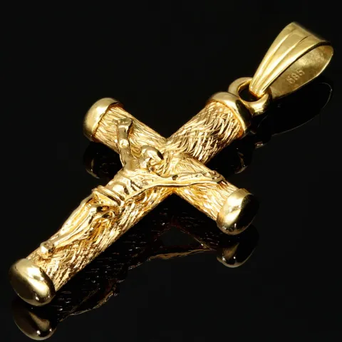 Hochwertig gearbeiteter Jesus Christus Kreuz-Anhänger mit filigranen Details aus edlem 14k / 585 Gold (Gelbgold)