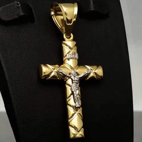 Jesus Kreuz Anhänger Kruzifix mit edlem Dekor aus hochwertigem 14K 585 Gold 14k (Bicolor - Gelbgold und Weißgold)