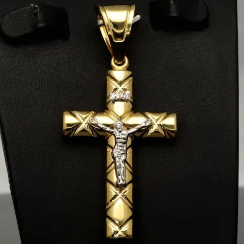 Jesus Kreuz Anhänger Kruzifix mit edlem Dekor aus hochwertigem 14K 585 Gold 14k (Bicolor - Gelbgold und Weißgold)