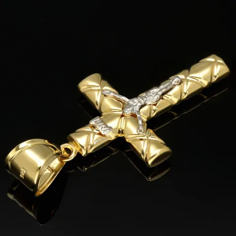 Jesus Kreuz Anhänger Kruzifix mit edlem Dekor aus hochwertigem 14K 585 Gold 14k (Bicolor - Gelbgold und Weißgold)