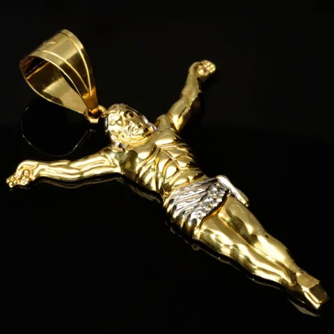 Hochwertiger Jesus Christus Anhänger aus funkelndem Bicolor Gold (Gelbgold und Weißgold) mit Zirkoniabesatz