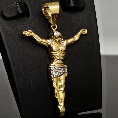 Hochwertiger Jesus Christus Anhänger aus funkelndem Bicolor Gold (Gelbgold und Weißgold) mit Zirkoniabesatz