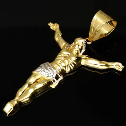 Hochwertiger Jesus Christus Anhänger aus funkelndem Bicolor Gold (Gelbgold und Weißgold) mit Zirkoniabesatz