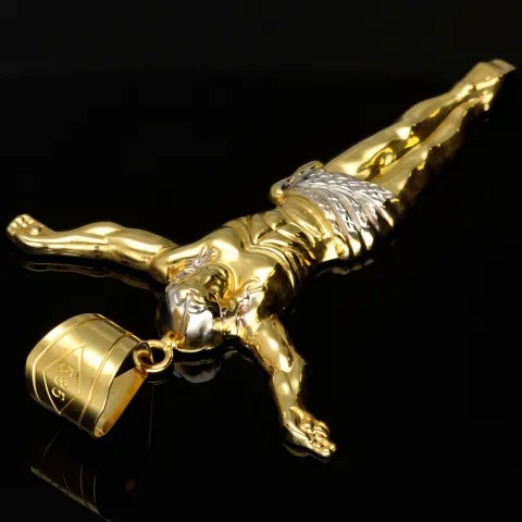 Hochwertiger Jesus Christus Anhänger aus funkelndem Bicolor Gold (Gelbgold und Weißgold) mit Zirkoniabesatz