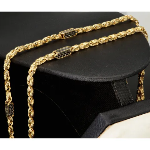 Außergewöhnliche Königskette aus 585er Gelbgold 14K mit schwarzem Zirkoniabesatz – 60cm Länge , 4,5mm Breite