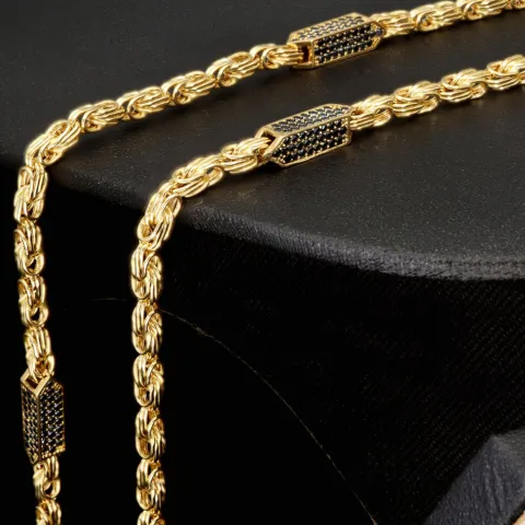 Außergewöhnliche Königskette aus 585er Gelbgold 14K mit schwarzem Zirkoniabesatz – 60cm Länge , 4,5mm Breite