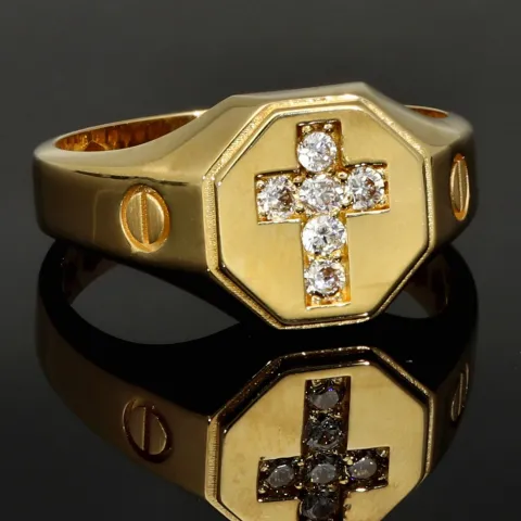 Edler Siegelring mit Kreuzmotiv und funkelnden Zirkonia aus 585er 14 Karat Gelbgold (Ringgröße ca. 65)