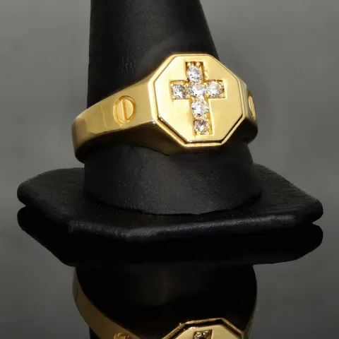 Edler Siegelring mit Kreuzmotiv und funkelnden Zirkonia aus 585er 14 Karat Gelbgold (Ringgröße ca. 65)