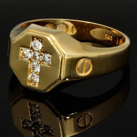 Edler Siegelring mit Kreuzmotiv und funkelnden Zirkonia aus 585er 14 Karat Gelbgold (Ringgröße ca. 65)