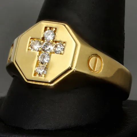 Edler Siegelring mit Kreuzmotiv und funkelnden Zirkonia aus 585er 14 Karat Gelbgold (Ringgröße ca. 65)
