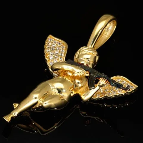 Hochwertig und detailliert gearbeiteter Engel-Anhänger mit Maschinengewehr - Schutzengel-Anhänger aus 14k (585er) Gelbgold und Zirkonia