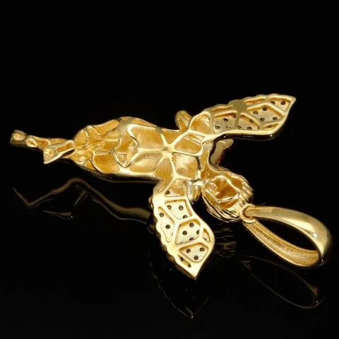 Hochwertig und detailliert gearbeiteter Engel-Anhänger mit Maschinengewehr - Schutzengel-Anhänger aus 14k (585er) Gelbgold und Zirkonia