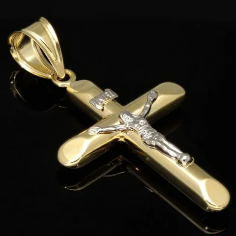 Feiner Kruzifix-Anhänger mit Jesus Christus aus hochwertigem 14K 585er Bicolor Gold (Gelbgold und Weißgold)