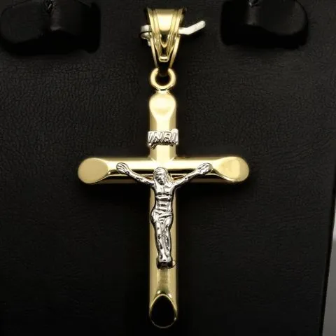 Feiner Kruzifix-Anhänger mit Jesus Christus aus hochwertigem 14K 585er Bicolor Gold (Gelbgold und Weißgold)