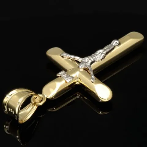 Feiner Kruzifix-Anhänger mit Jesus Christus aus hochwertigem 14K 585er Bicolor Gold (Gelbgold und Weißgold)