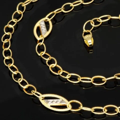 Prunkvolle Bicolor-Ankerkette aus 14K (585er) Gold mit stilvoll eingearbeiteten Elementen mit filigran eingraviertem Greco Muster - Länge ca. 50 cm, Breite ca. 4,3 mm